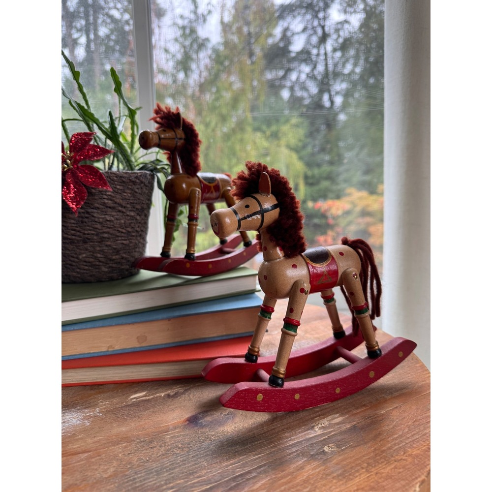 Vintage Wooden Rocking Horse Figurines Set of 2 Christmas Folk Art Decor